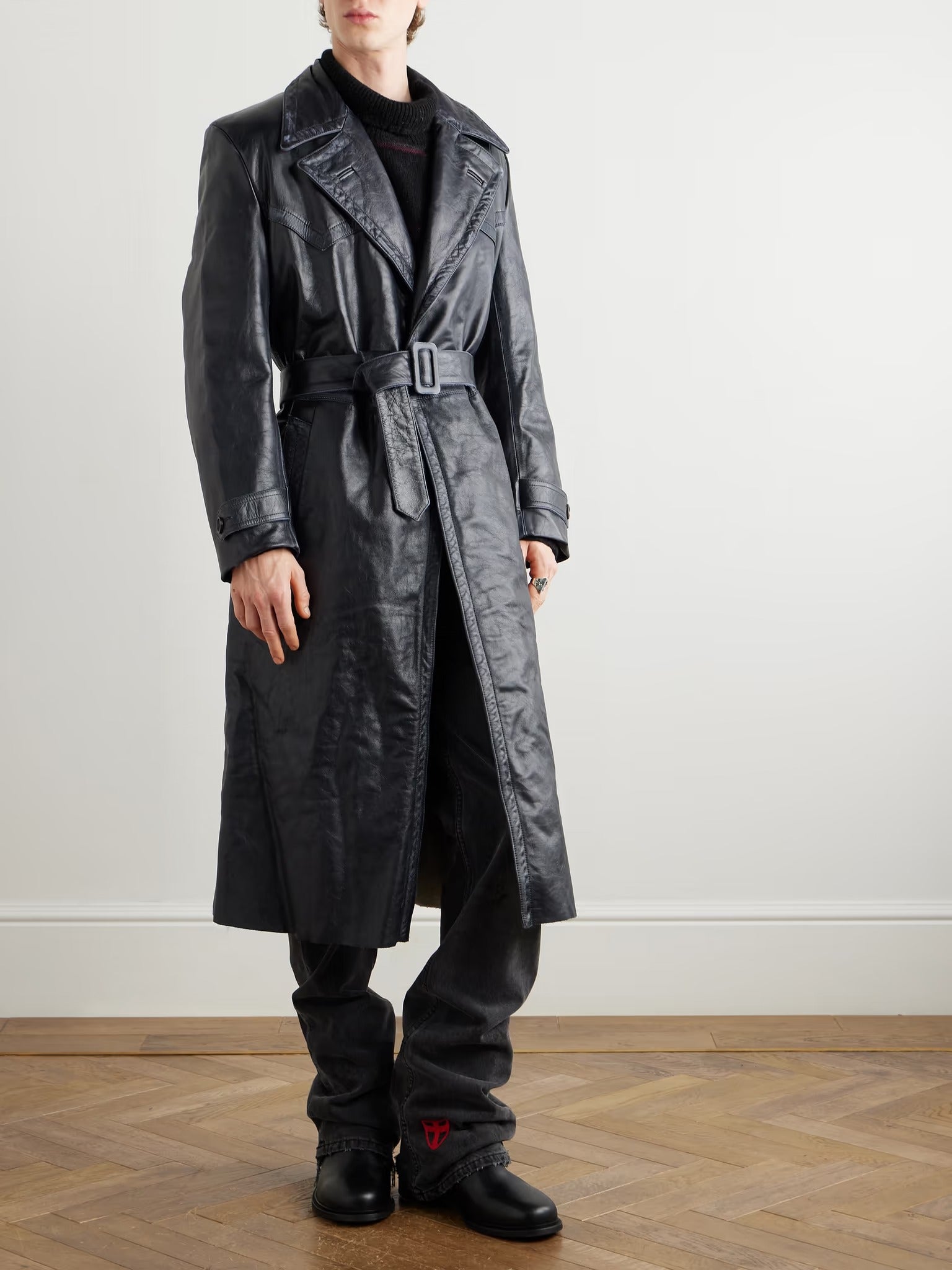 Men's Belted Paneled Leather Trench Coat