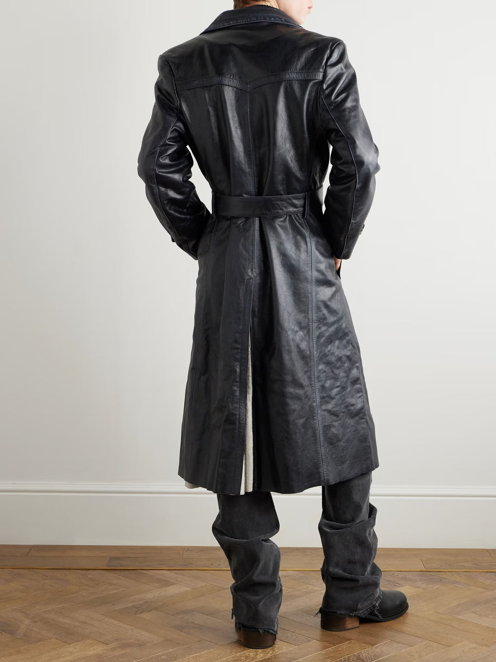 Men's Belted Paneled Leather Trench Coat