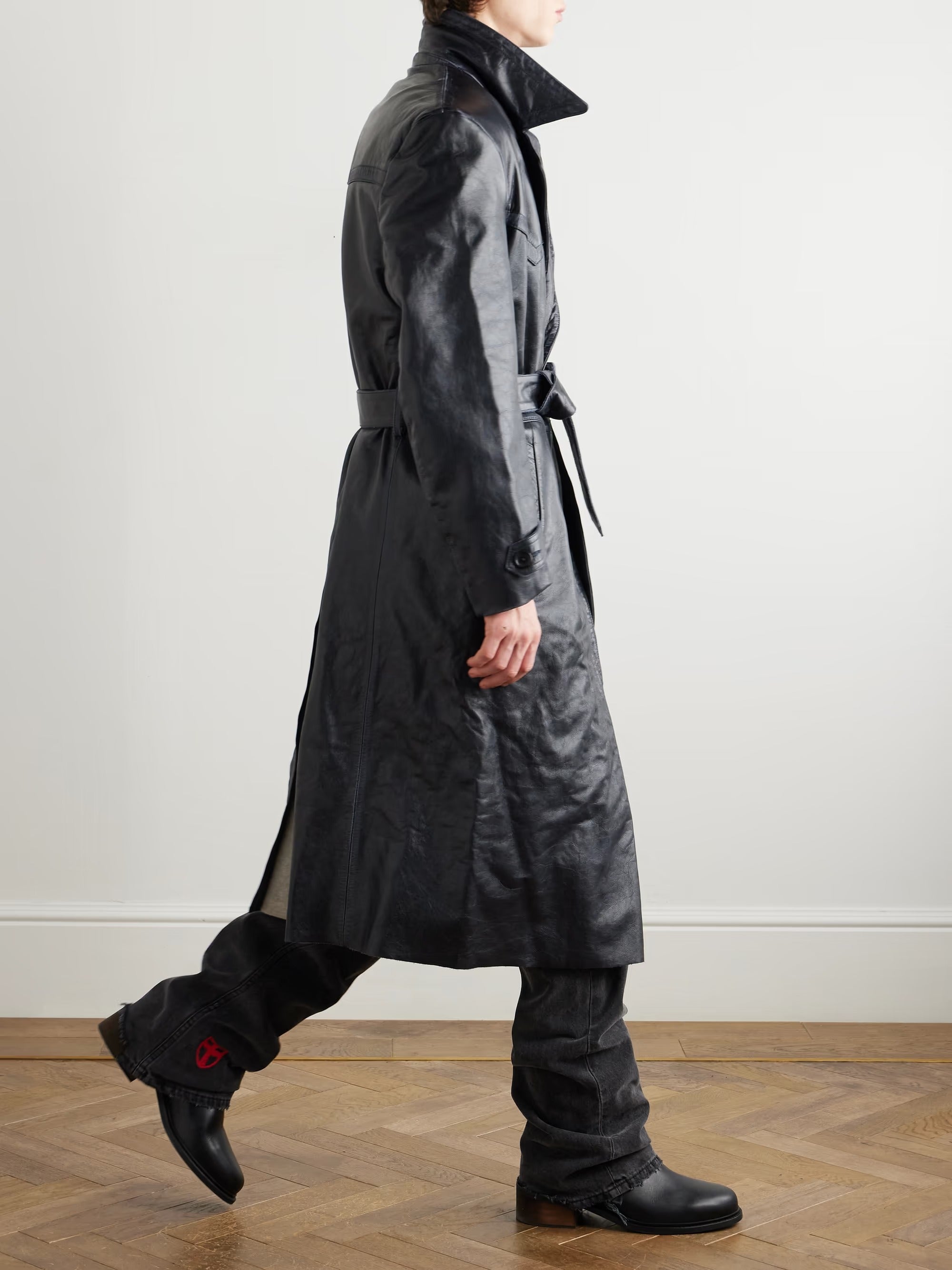 Men's Belted Paneled Leather Trench Coat