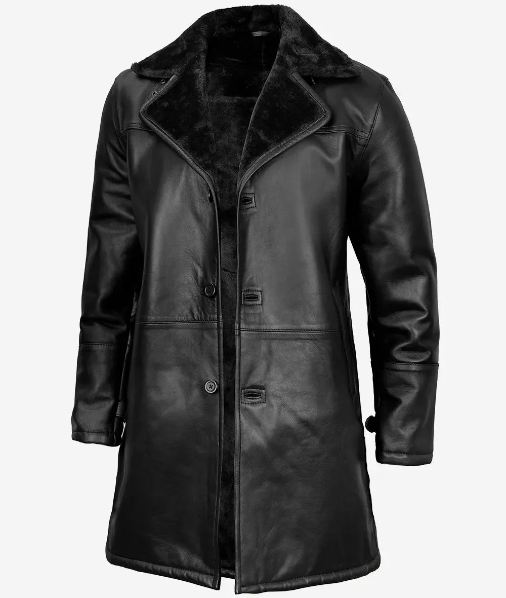 Men's Black 3/4 Length Shearling Leather Coat