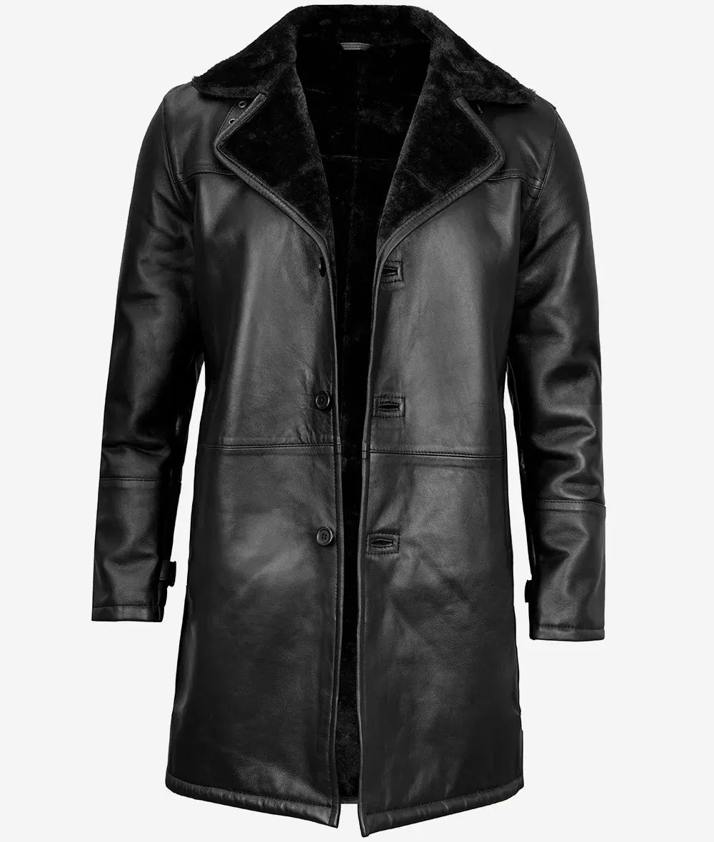 Men's Black 3/4 Length Shearling Leather Coat
