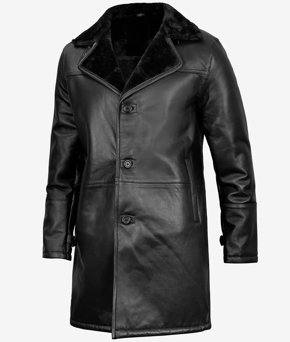 Men's Black 3/4 Length Shearling Leather Coat