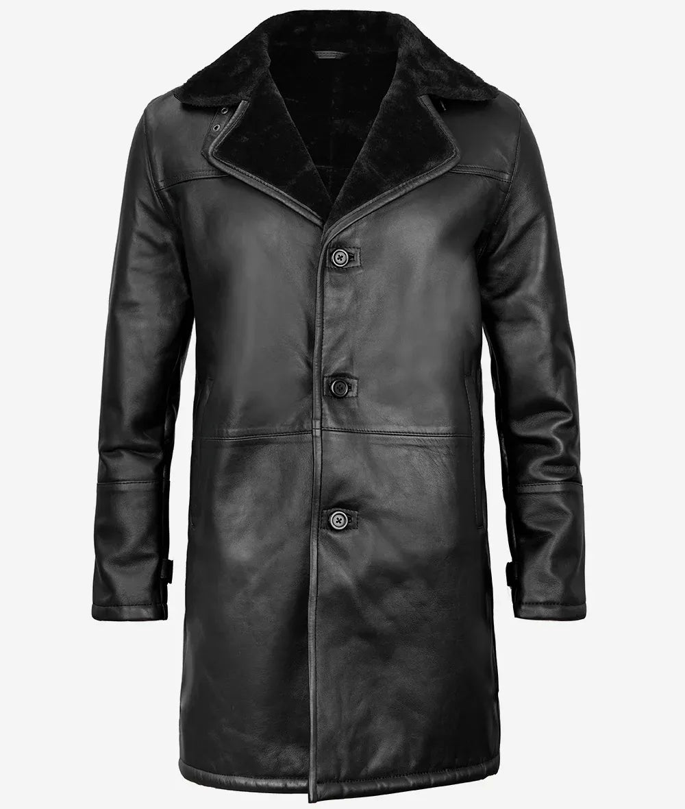 Men's Black 3/4 Length Shearling Leather Coat