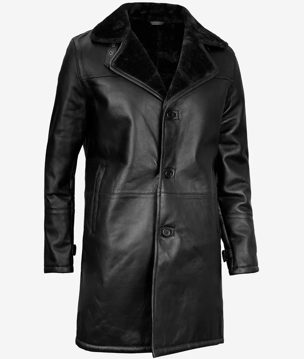 Men's Black 3/4 Length Shearling Leather Coat