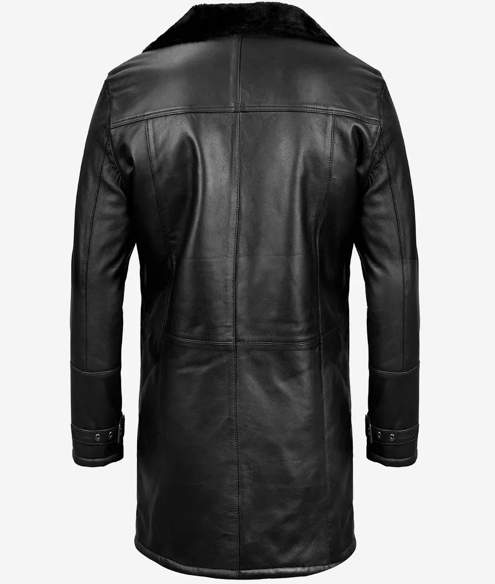 Men's Black 3/4 Length Shearling Leather Coat