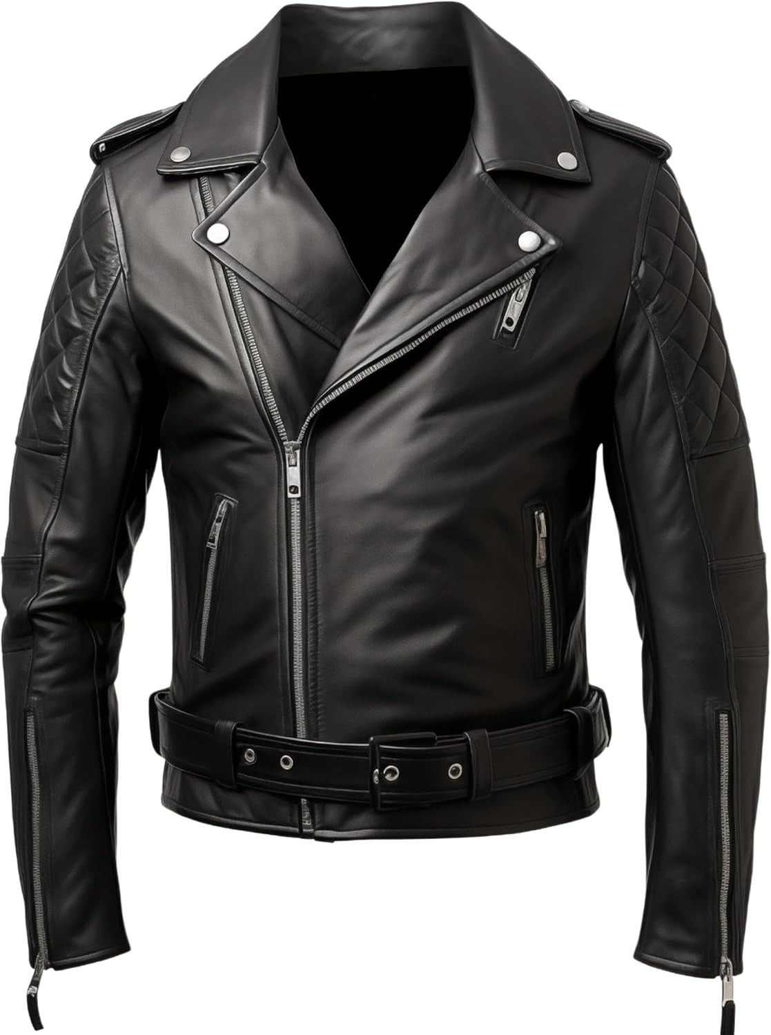 Men's Black Belted Slim Fit Real Lambskin Leather Biker Jacket