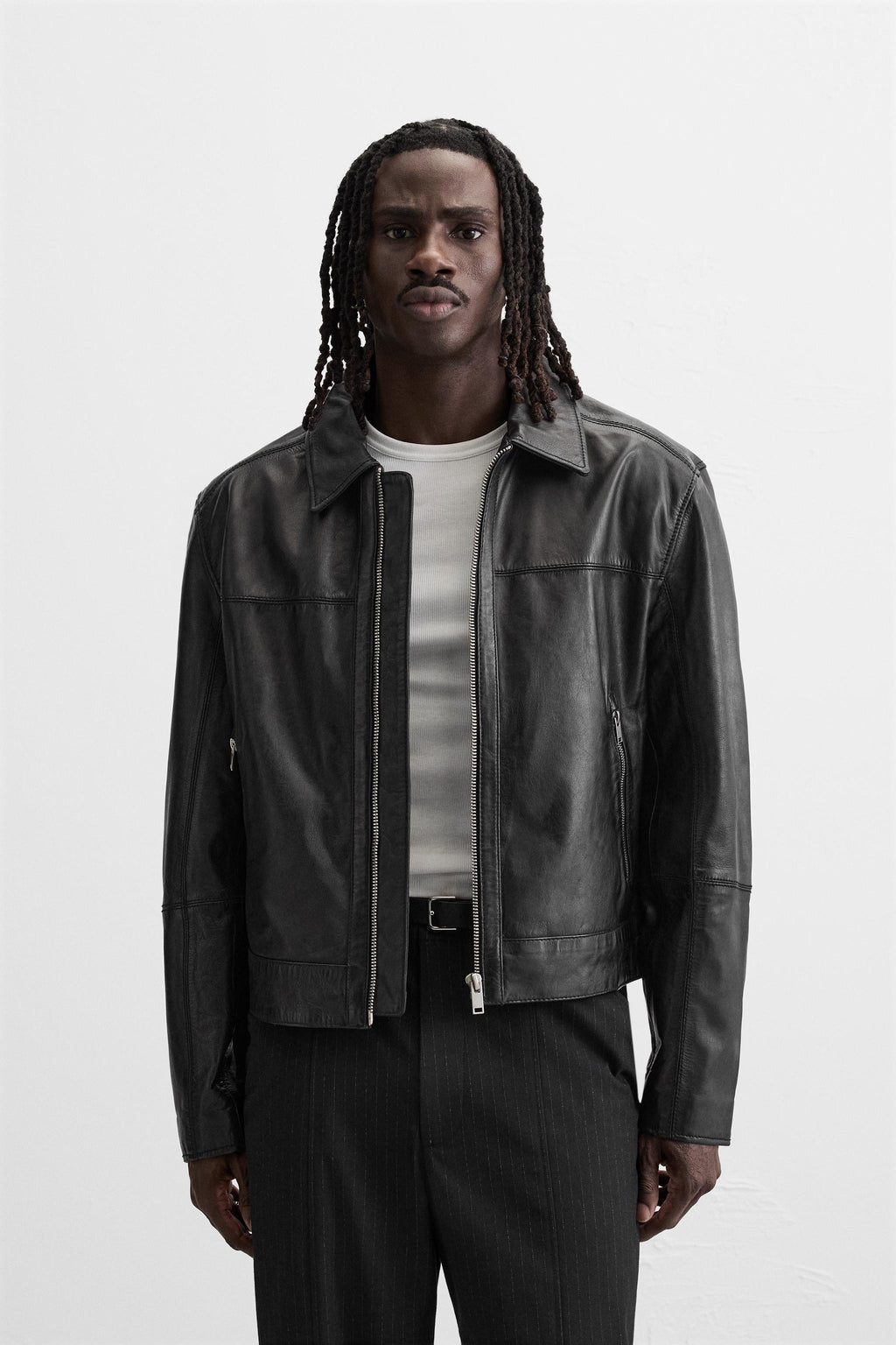 Men's Black Boxy Fit Simple Leather Jacket