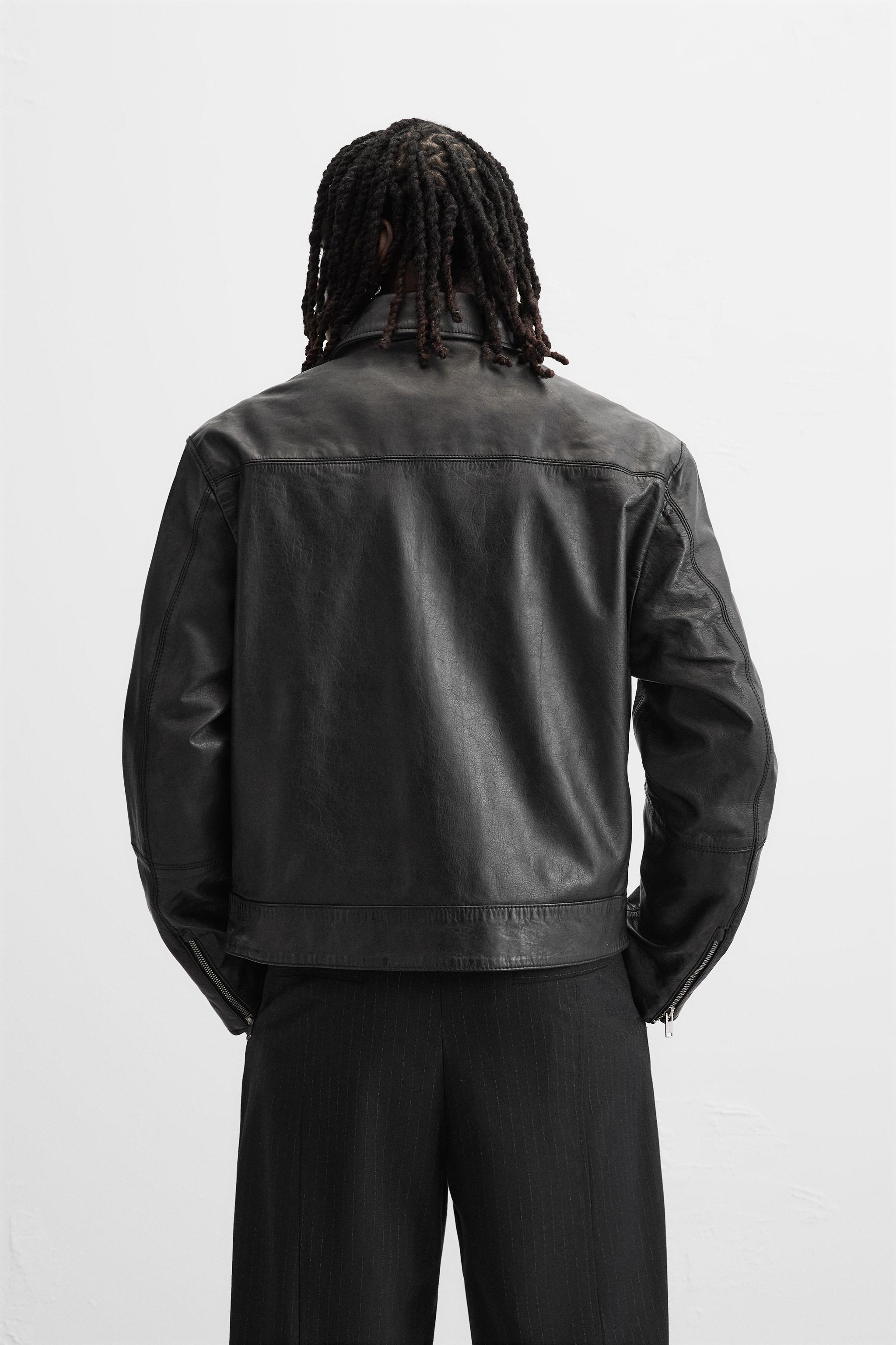 Men's Black Boxy Fit Simple Leather Jacket