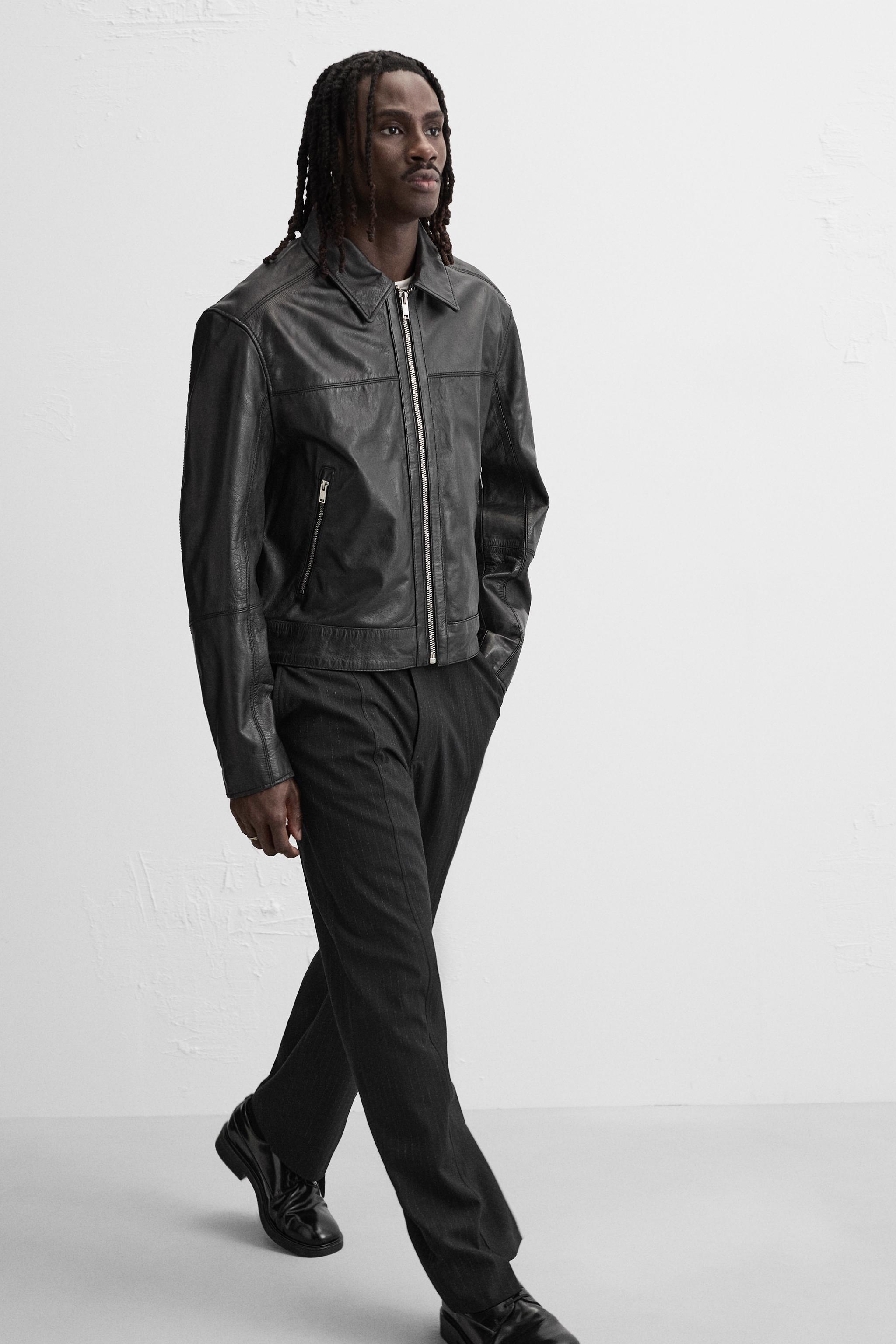 Men's Black Boxy Fit Simple Leather Jacket