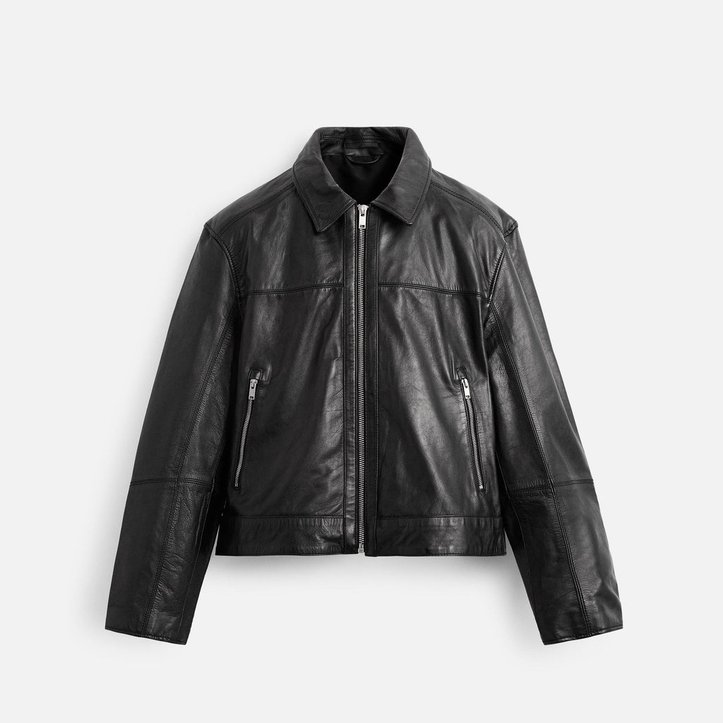 Men's Black Boxy Fit Simple Leather Jacket