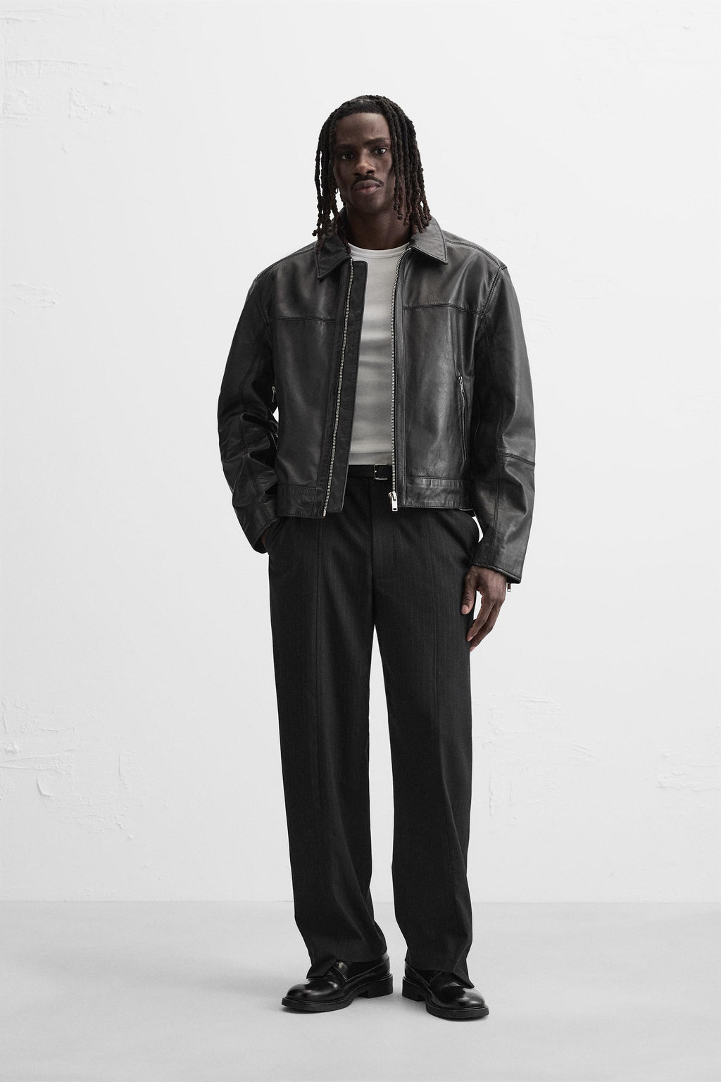 Men's Black Boxy Fit Simple Leather Jacket