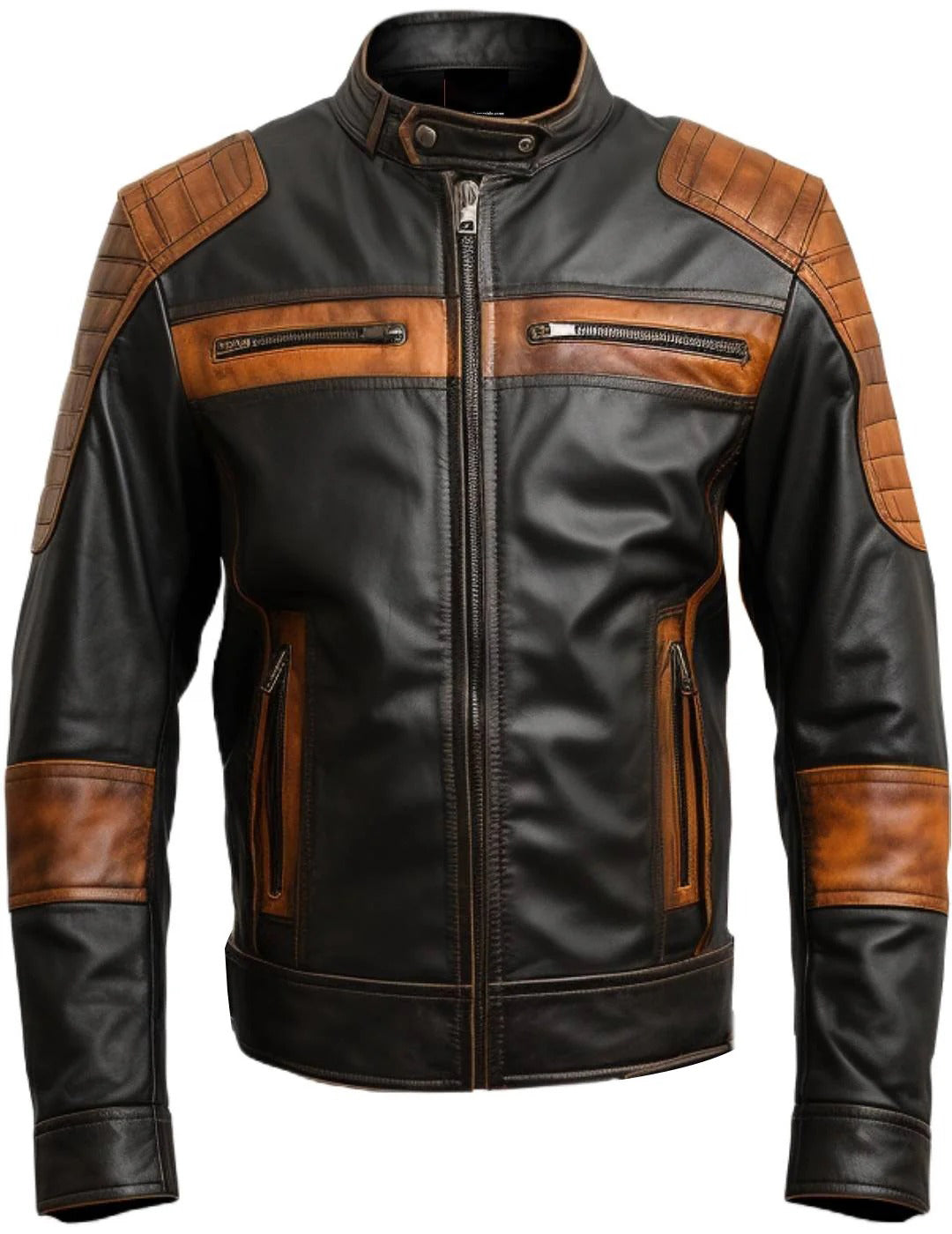 Men's Black Buttoned Cuffs Leather Motorcycle Jacket