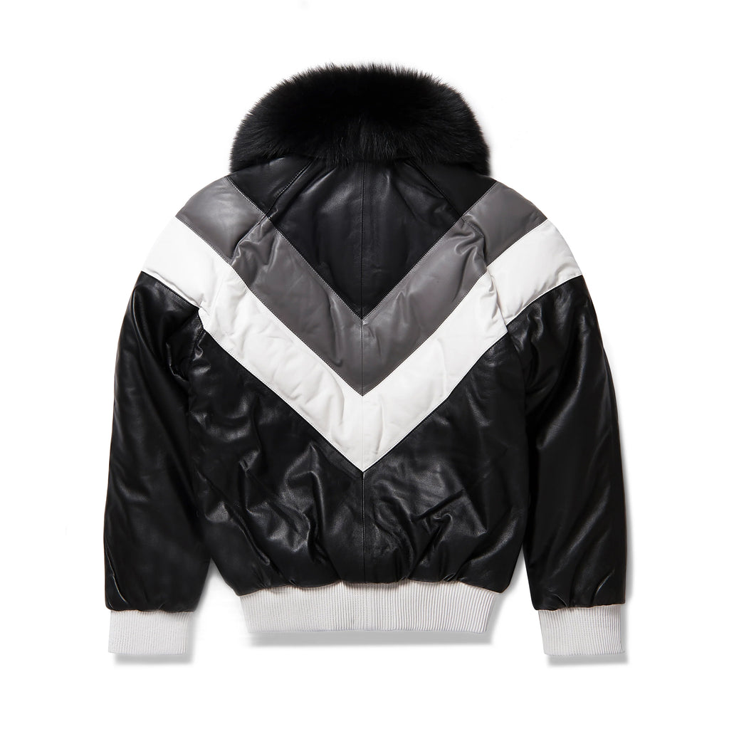 Men's Black Detachable Fox Fur Collar V-Bomber Sheepskin Leather Jacket