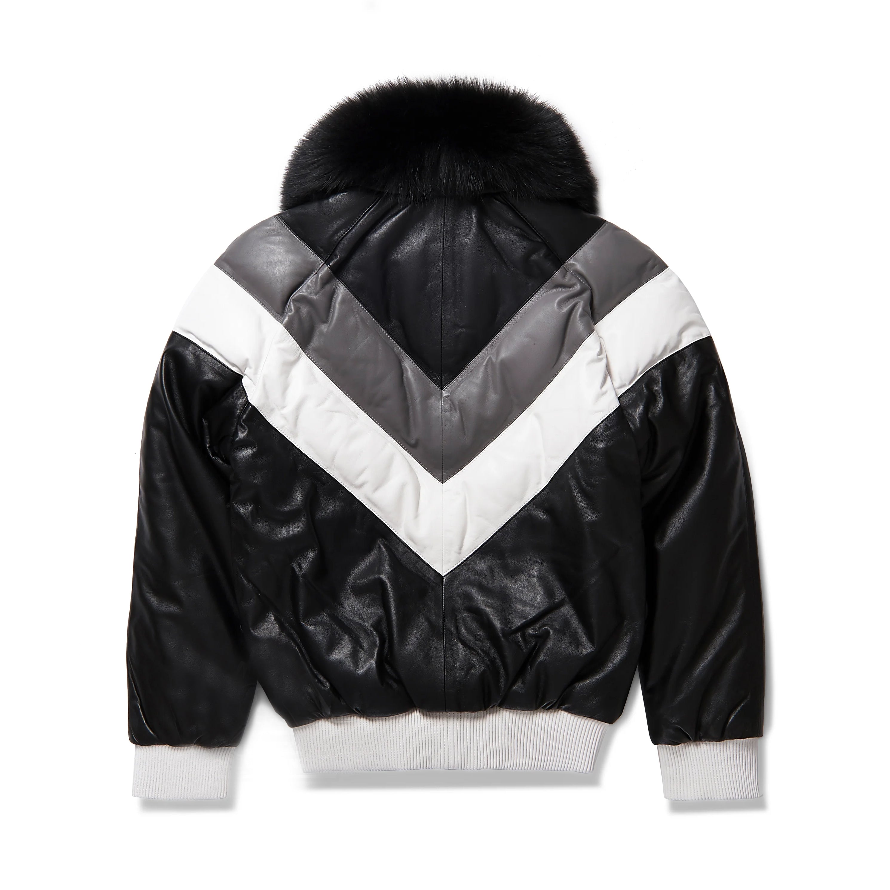 Men's Black Detachable Fox Fur Collar V-Bomber Sheepskin Leather Jacket