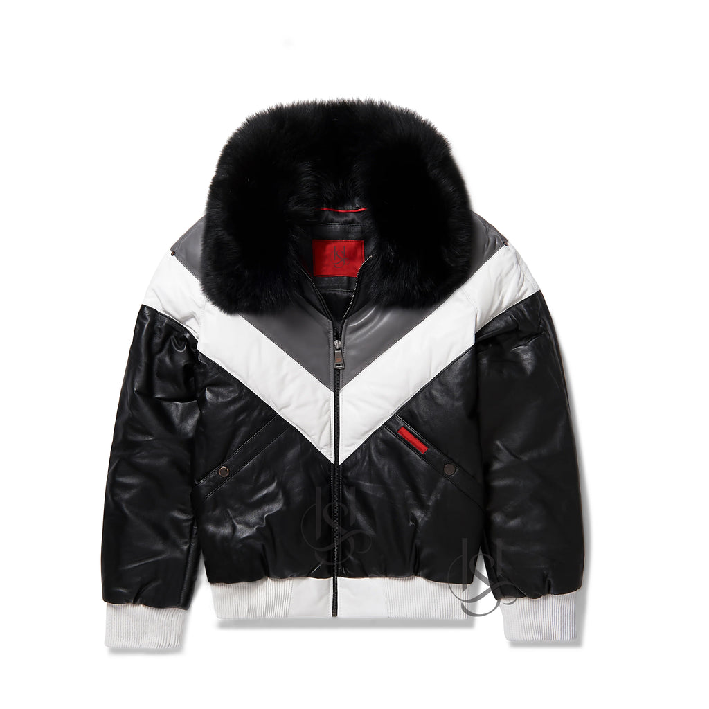 Men's Black Detachable Fox Fur Collar V-Bomber Sheepskin Leather Jacket