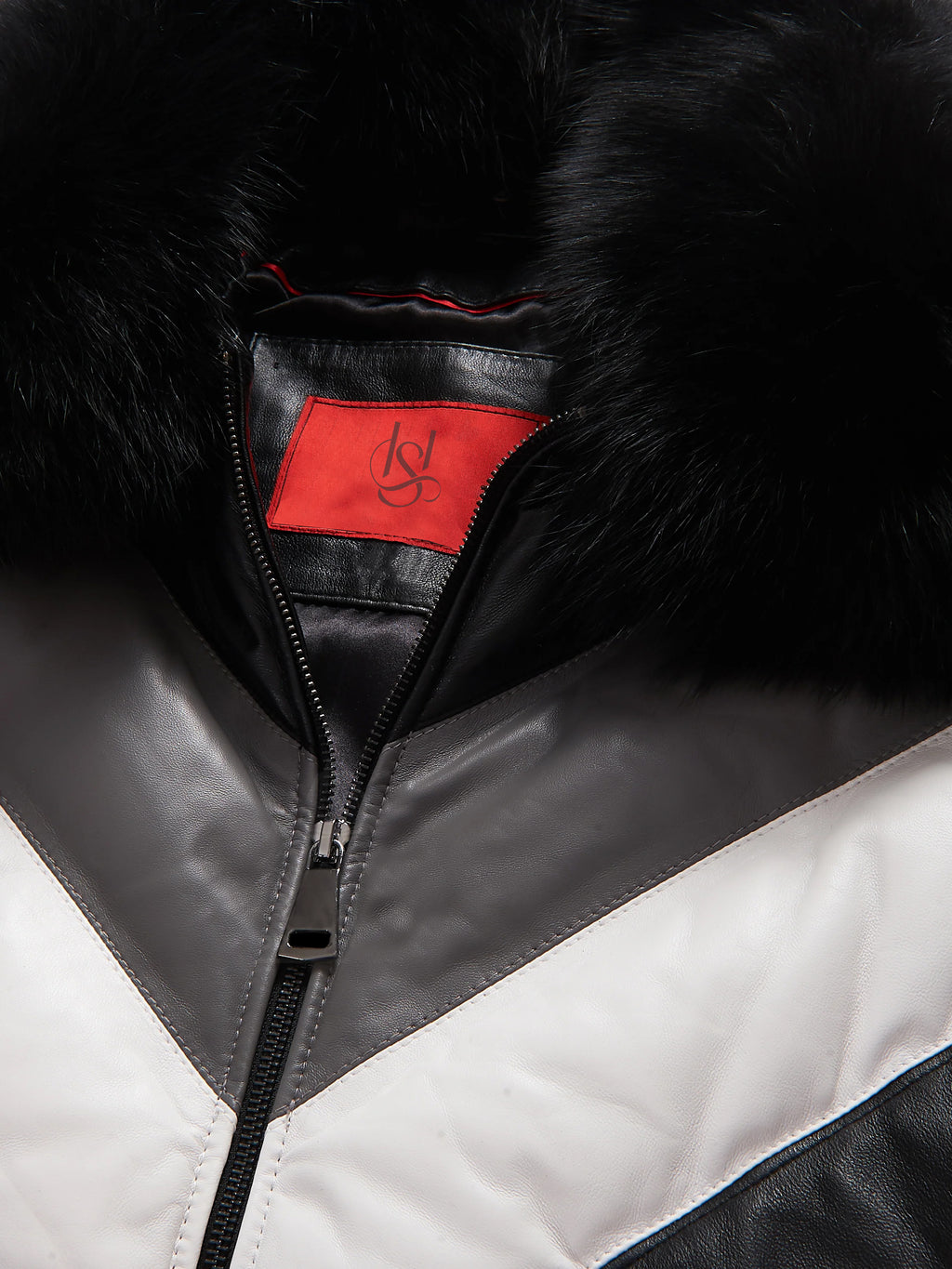 Men's Black Detachable Fox Fur Collar V-Bomber Sheepskin Leather Jacket