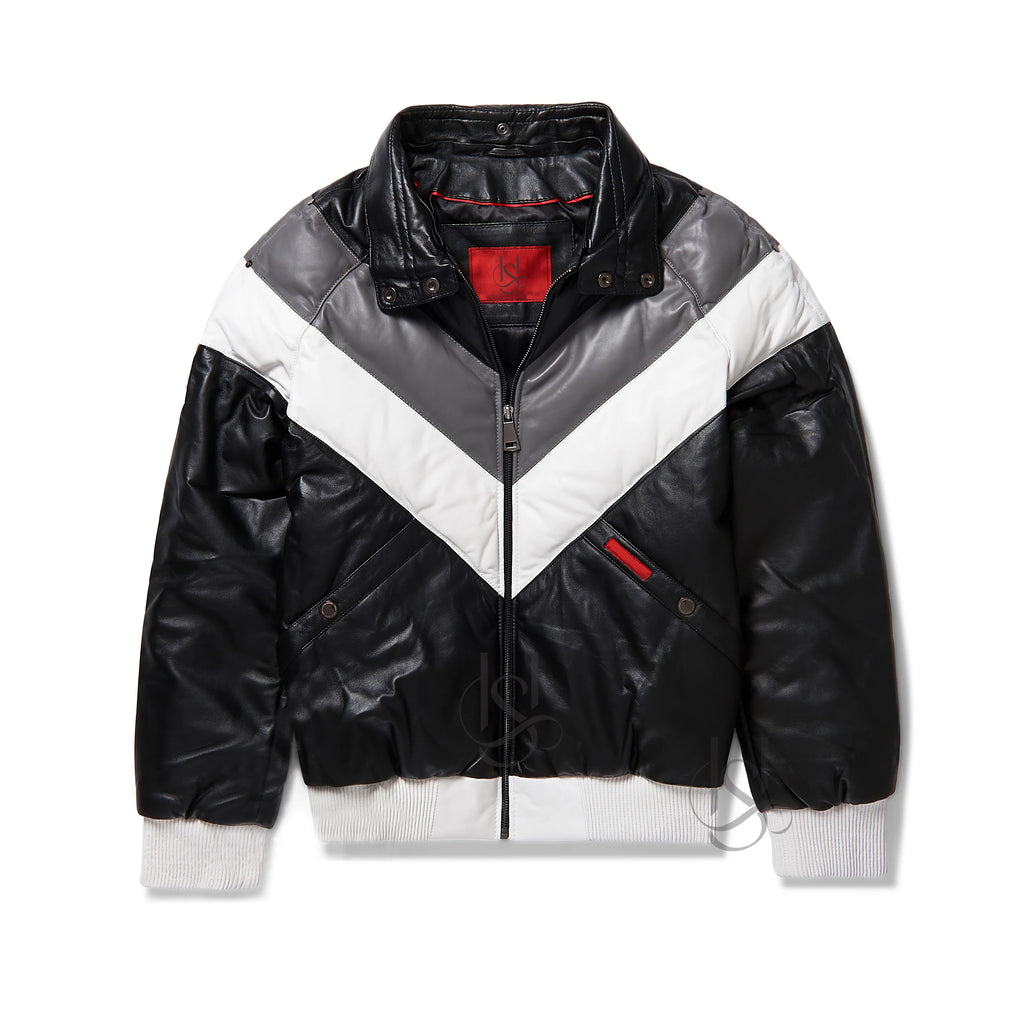 Men's Black Detachable Fox Fur Collar V-Bomber Sheepskin Leather Jacket