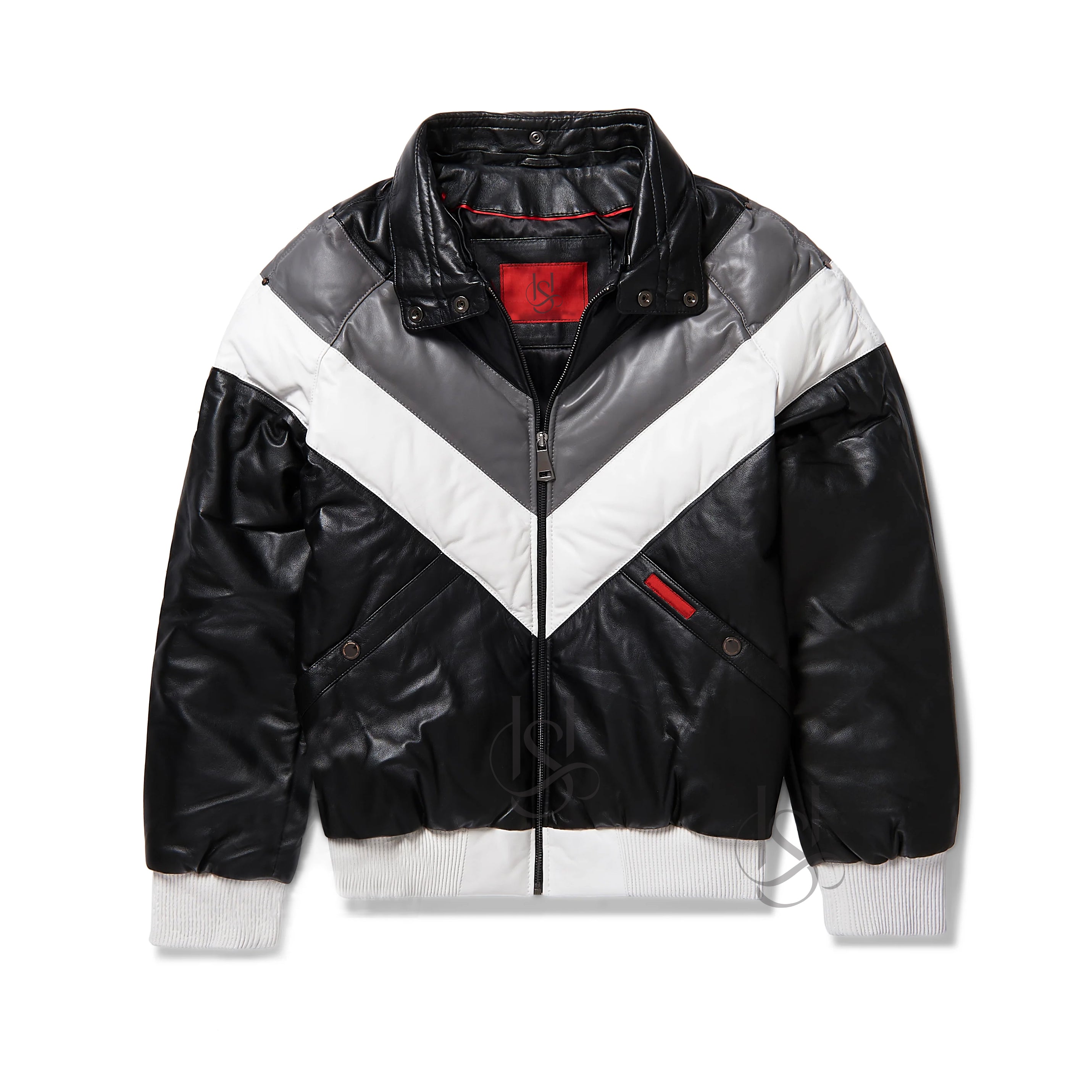 Men's Black Detachable Fox Fur Collar V-Bomber Sheepskin Leather Jacket