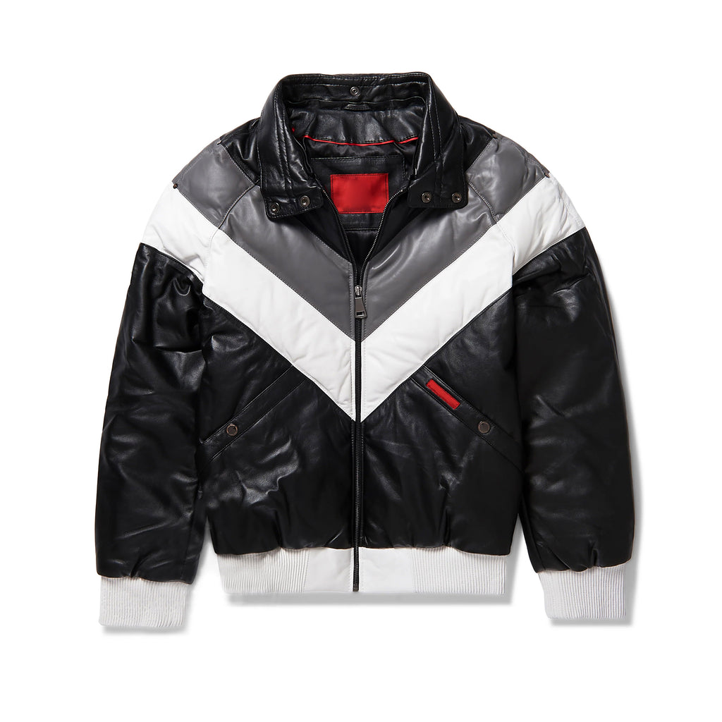 Men's Black Detachable Fox Fur Collar V-Bomber Sheepskin Leather Jacket