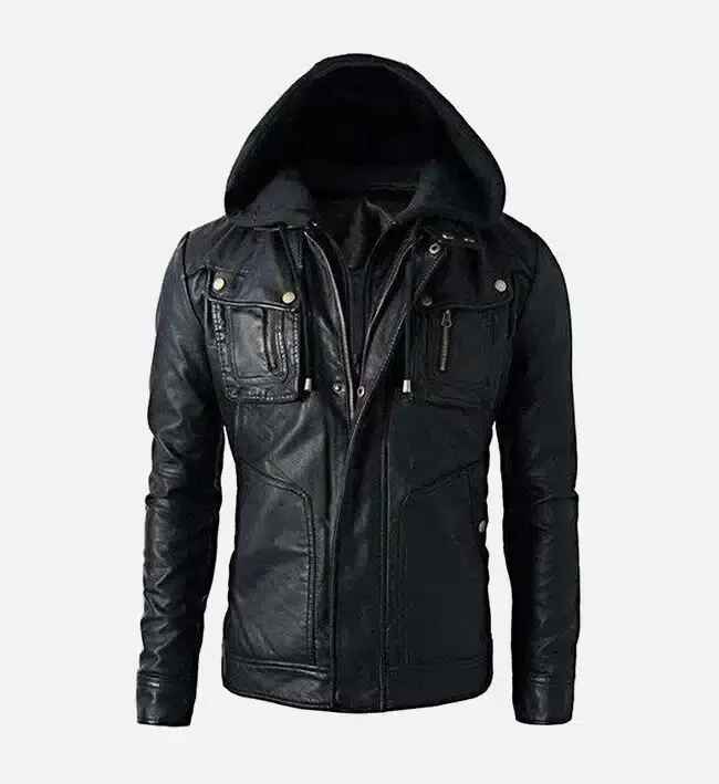 Men’s Black Detachable Hood Leather Biker Jacket