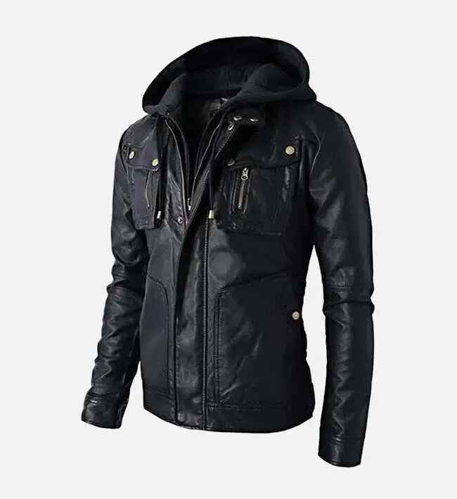 Men’s Black Detachable Hood Leather Biker Jacket