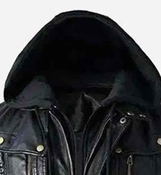 Men’s Black Detachable Hood Leather Biker Jacket
