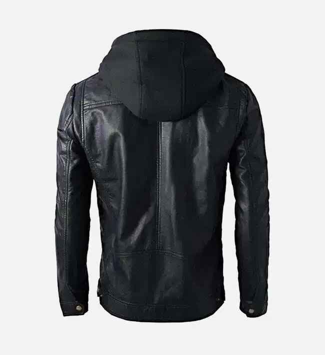 Men’s Black Detachable Hood Leather Biker Jacket