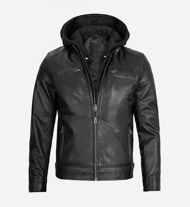 Men’s Black Double Zipped Removable Hood Leather Jacket
