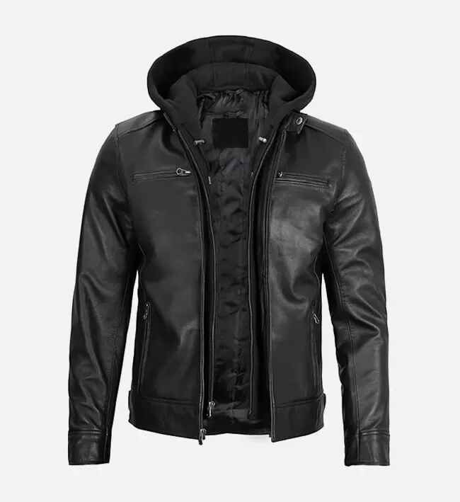 Men’s Black Double Zipped Removable Hood Leather Jacket