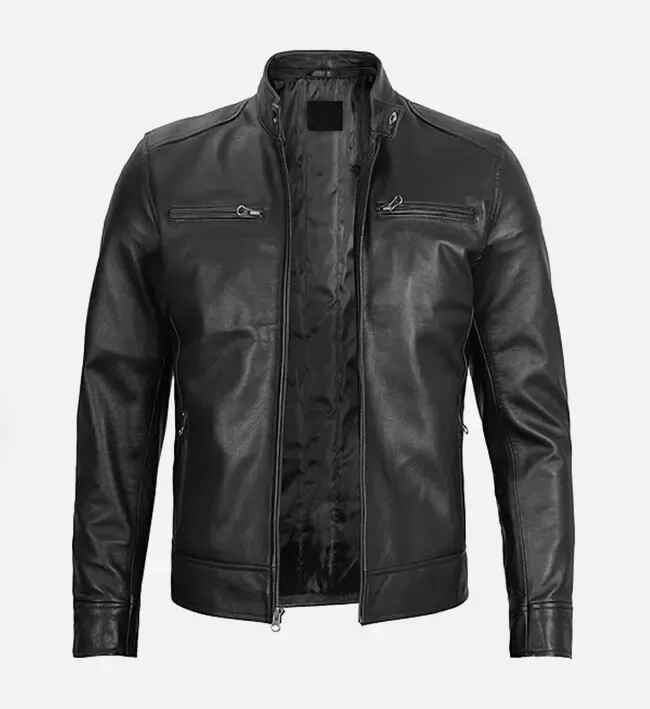 Men’s Black Double Zipped Removable Hood Leather Jacket