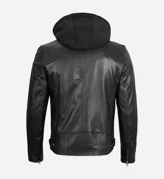 Men’s Black Double Zipped Removable Hood Leather Jacket