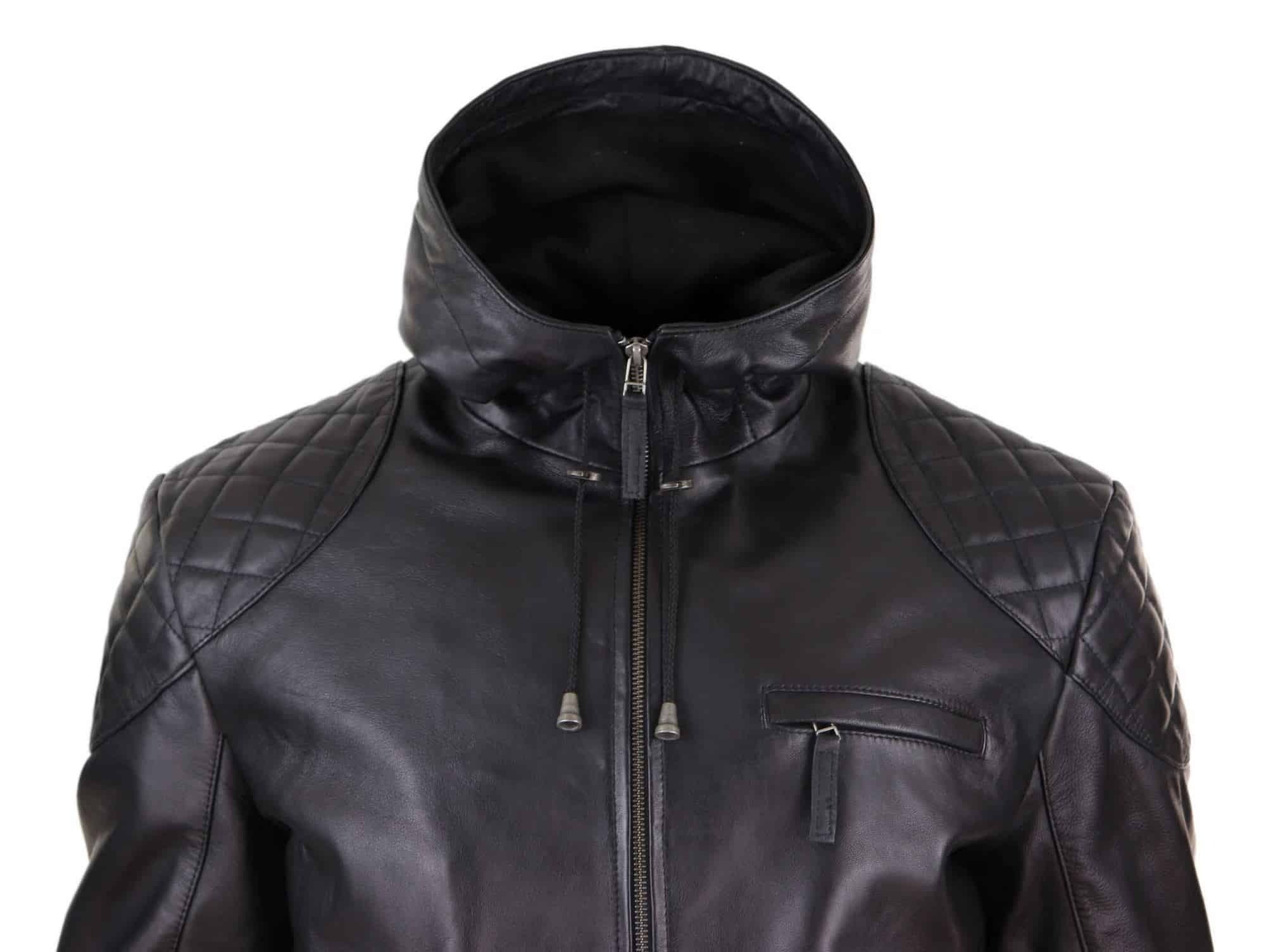Men's Black Hooded Biker Soft Nappa Leather Jacket
