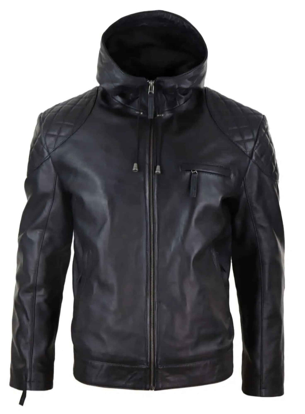 Men's Black Hooded Biker Soft Nappa Leather Jacket