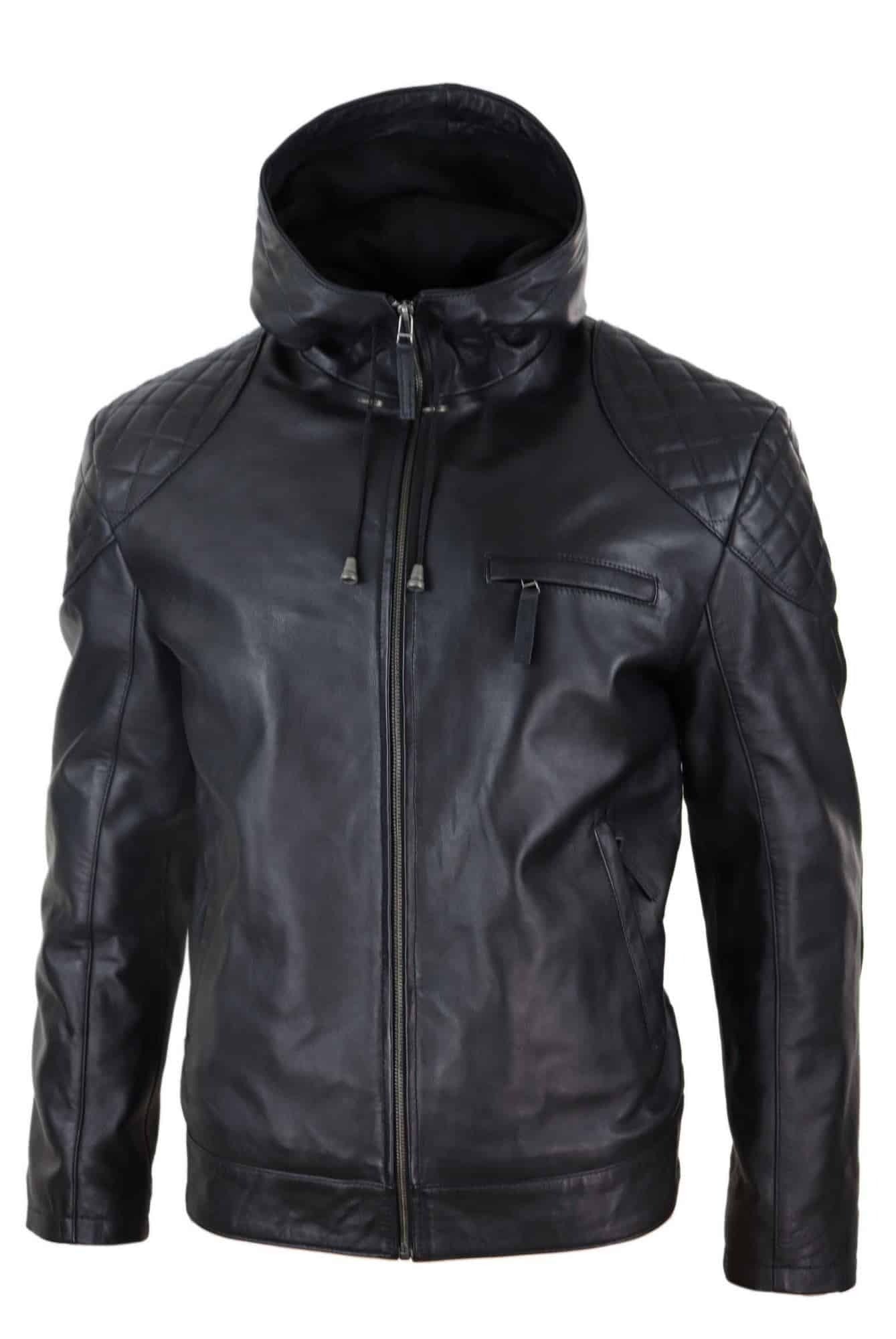 Men's Black Hooded Biker Soft Nappa Leather Jacket