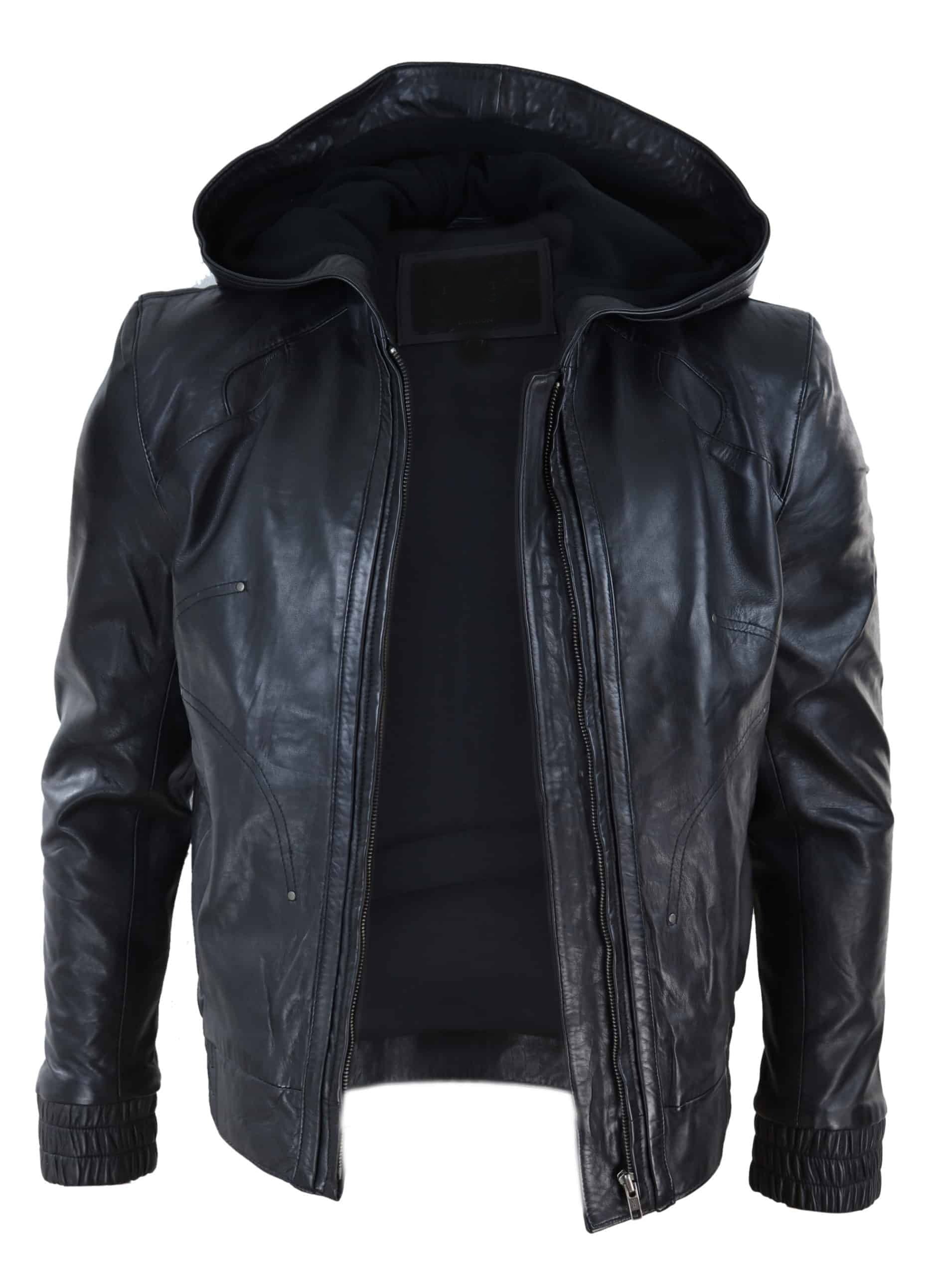 Men's Black Hooded Leather Bomber Jacket