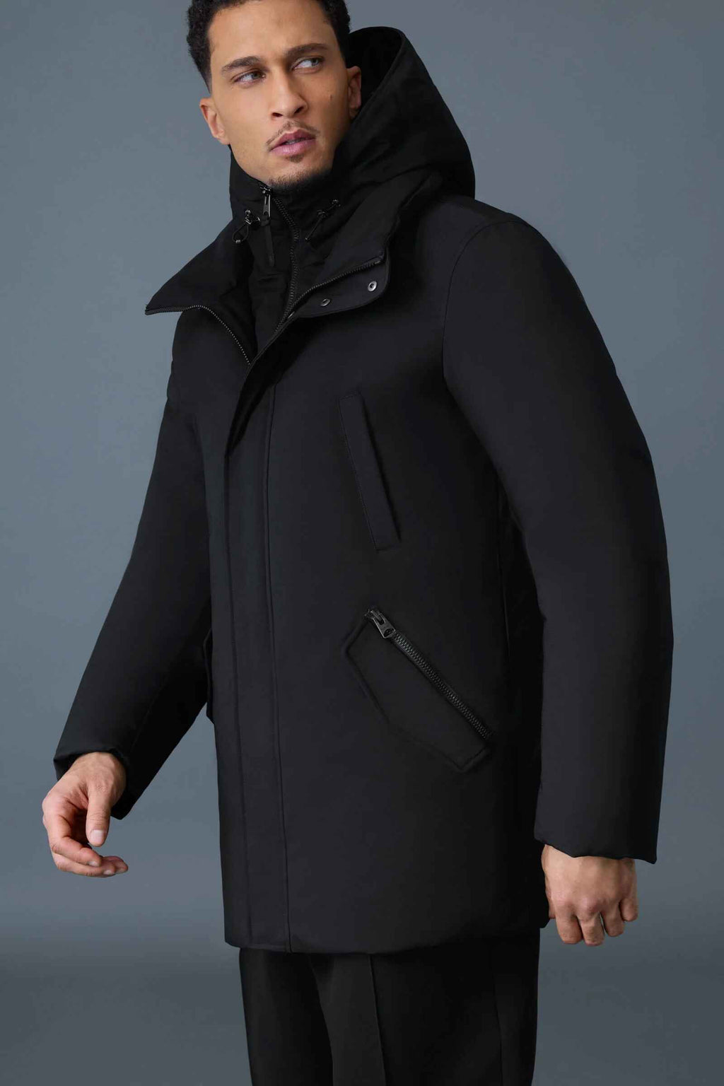 Men's Black Hooded Storm Cuffs Regular Fit Down Jacket