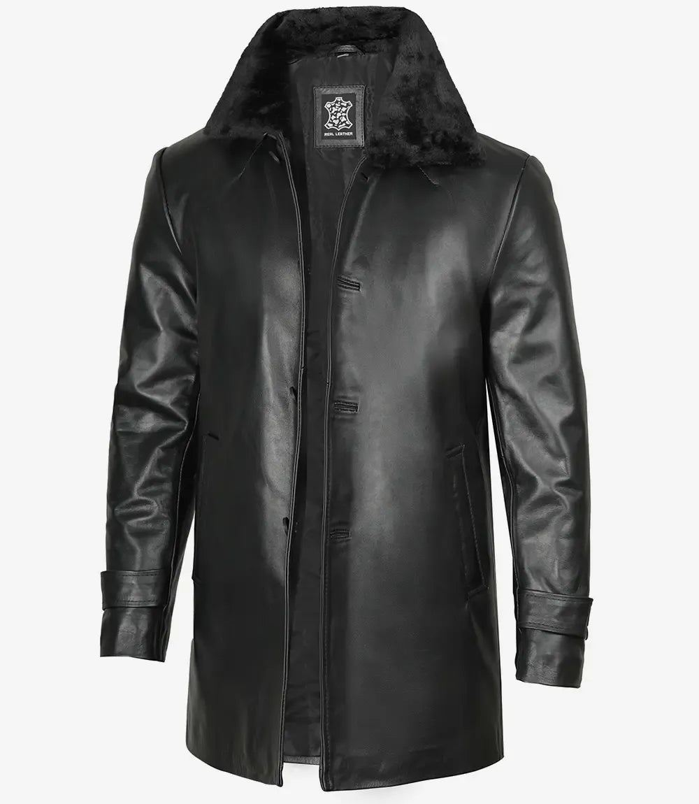 Men's Black Leather 3/4 Length Coat with Fur Collar