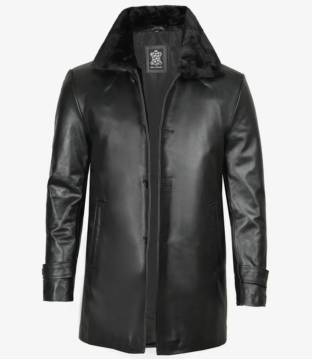 Men's Black Leather 3/4 Length Coat with Fur Collar