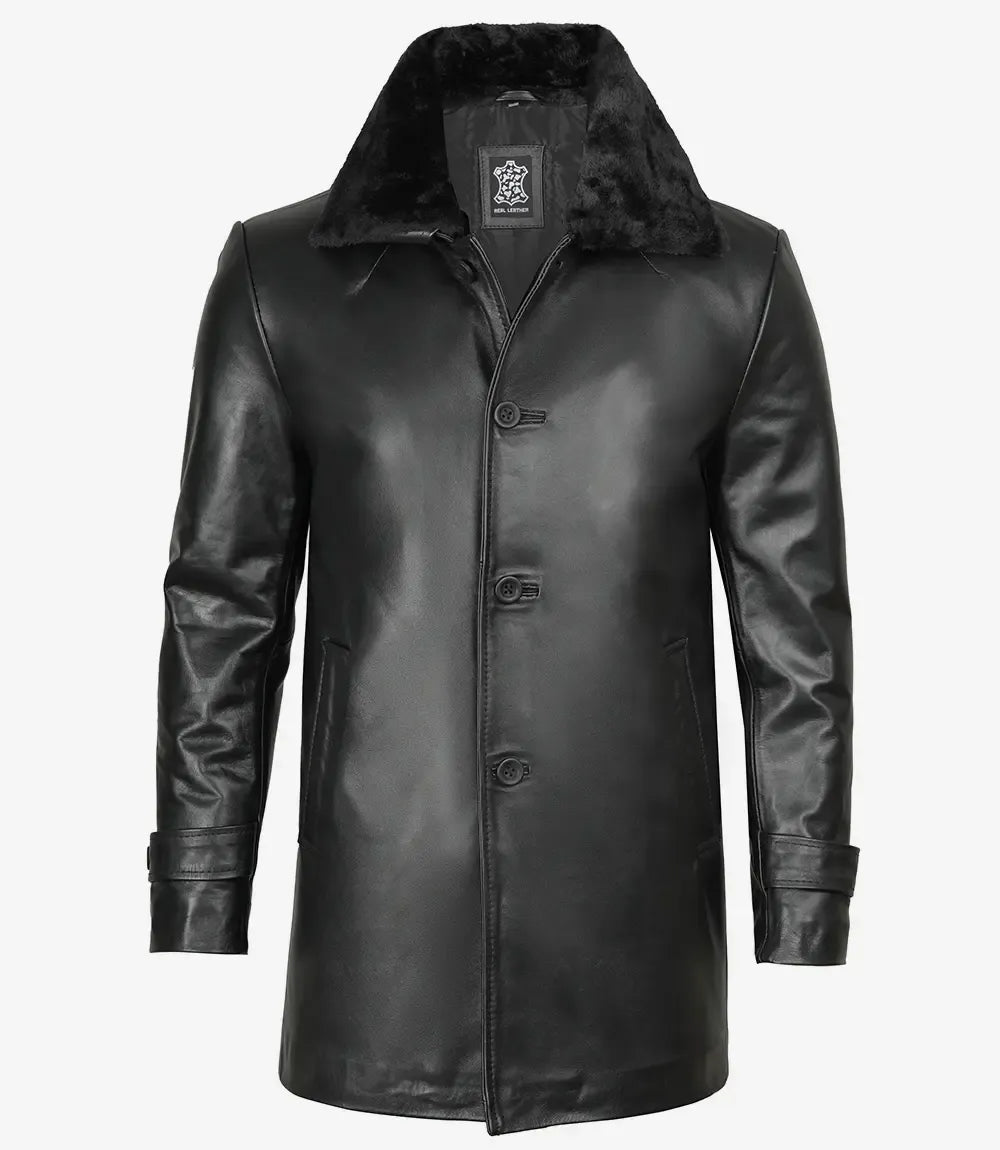 Men's Black Leather 3/4 Length Coat with Fur Collar