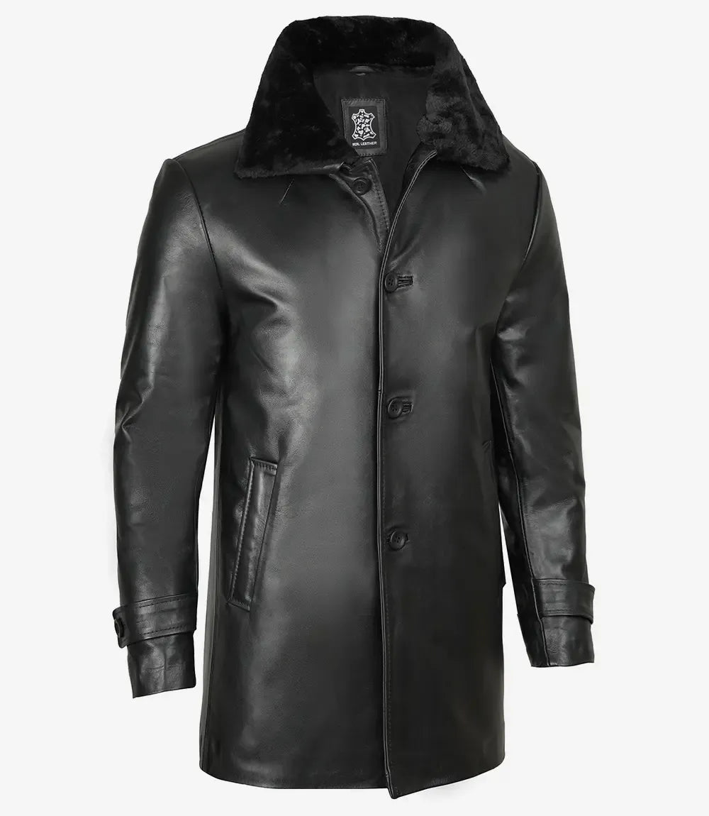 Men's Black Leather 3/4 Length Coat with Fur Collar