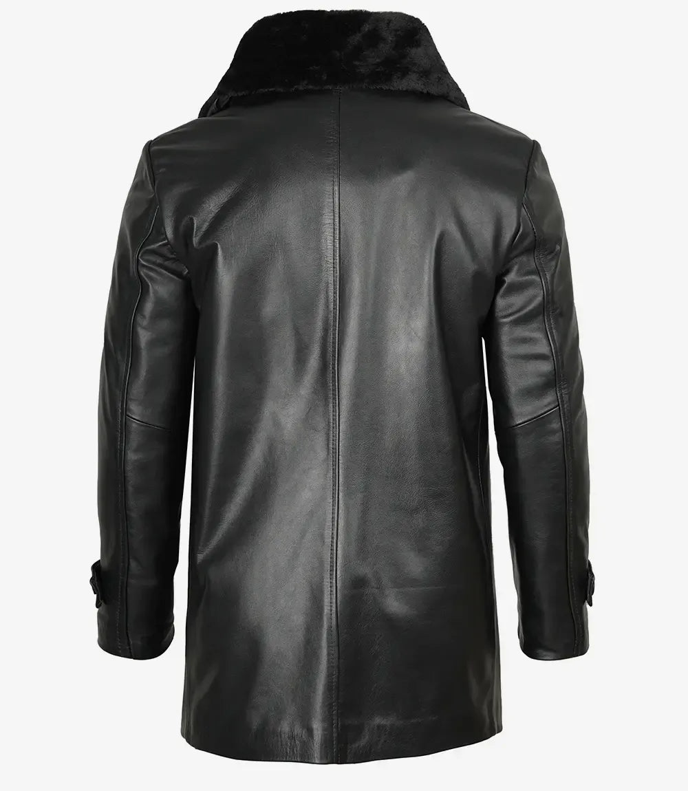 Men's Black Leather 3/4 Length Coat with Fur Collar