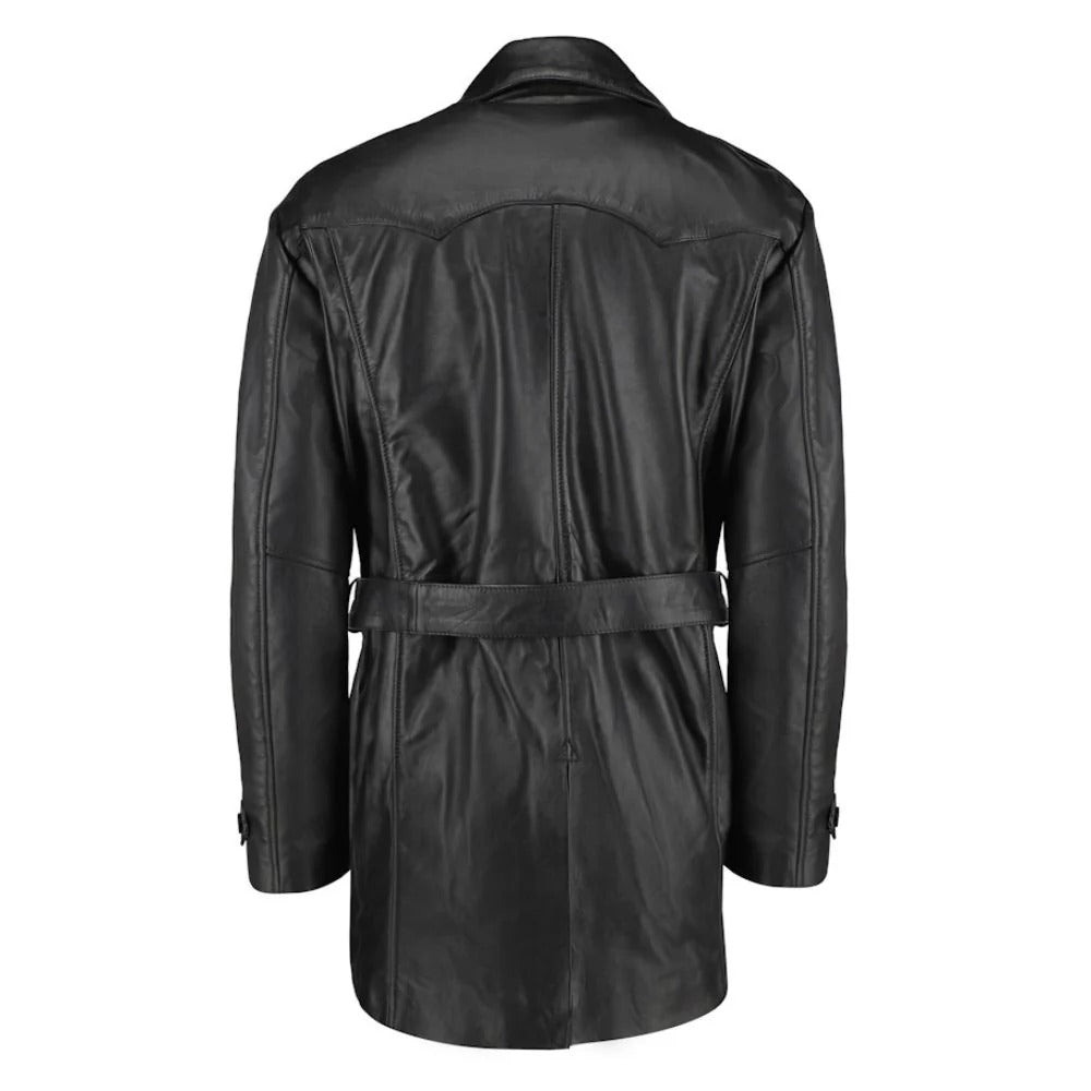 Men's Black Leather Belted and Double Breasted Trench Coat