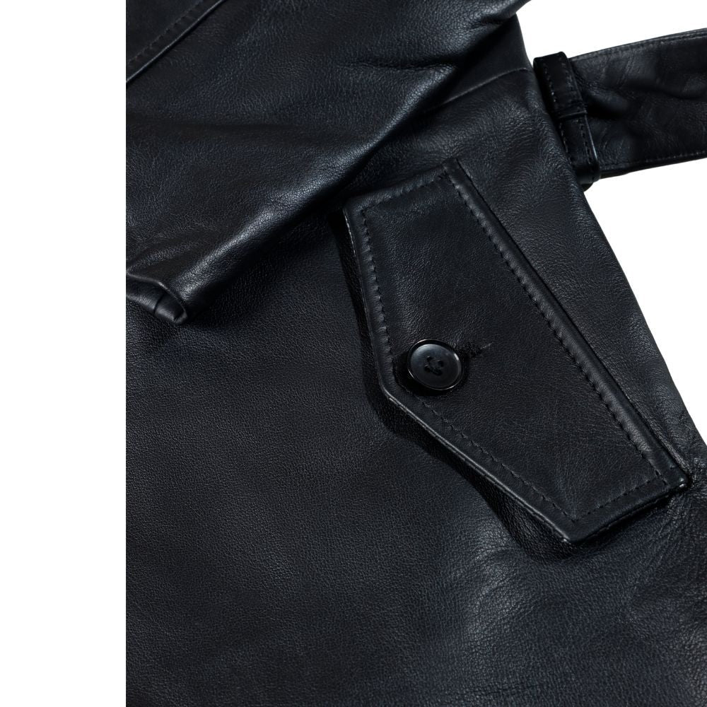 Men's Black Leather Belted and Double Breasted Trench Coat