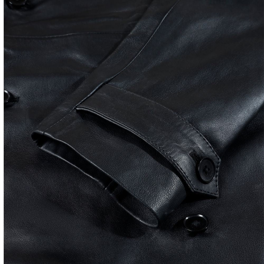 Men's Black Leather Belted and Double Breasted Trench Coat