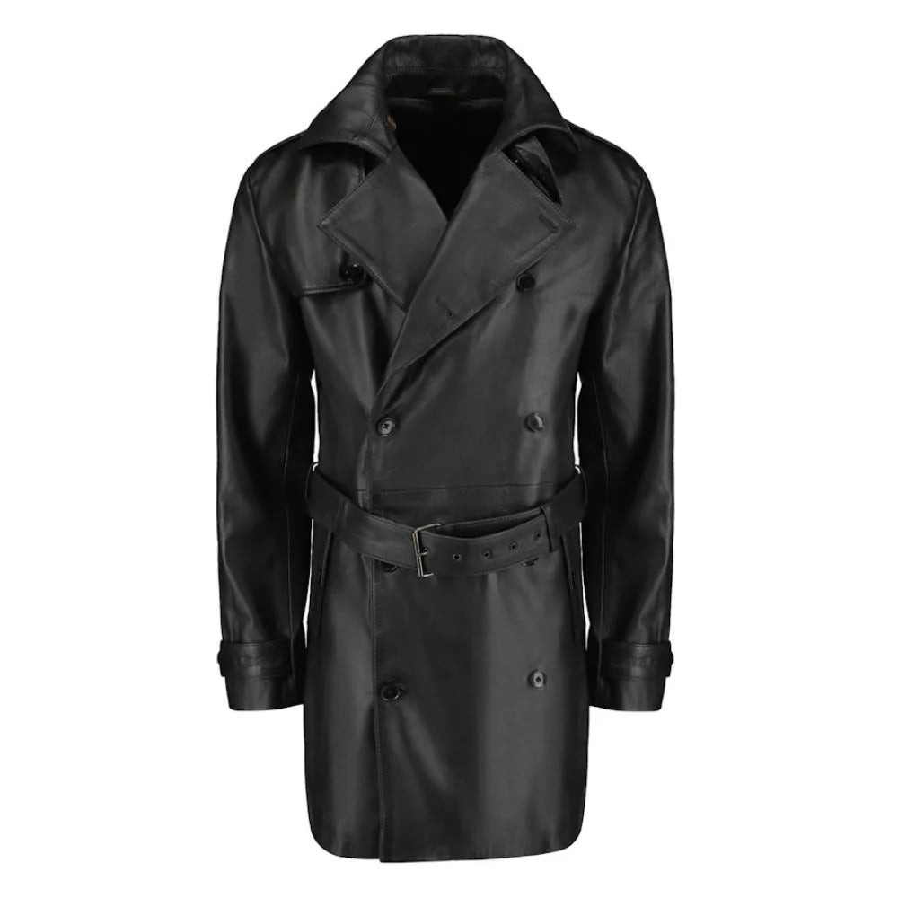 Men's Black Leather Belted and Double Breasted Trench Coat