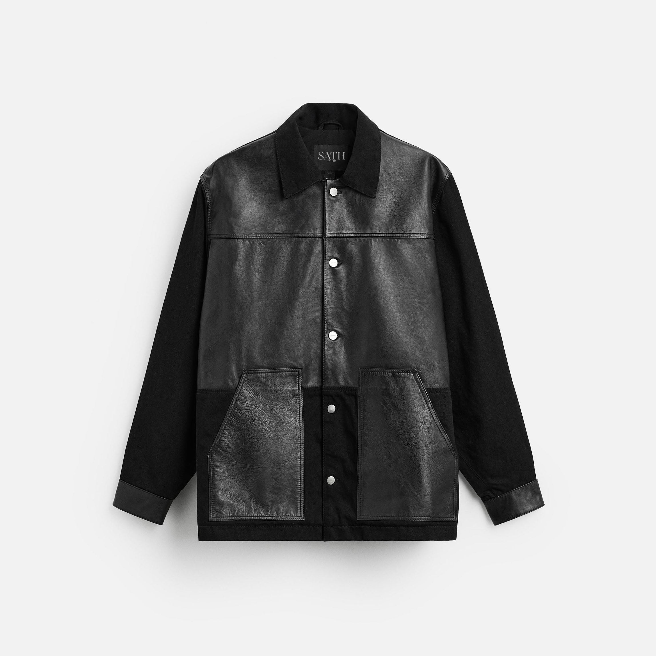 Men's Black Leather Jacket With Denim Effect