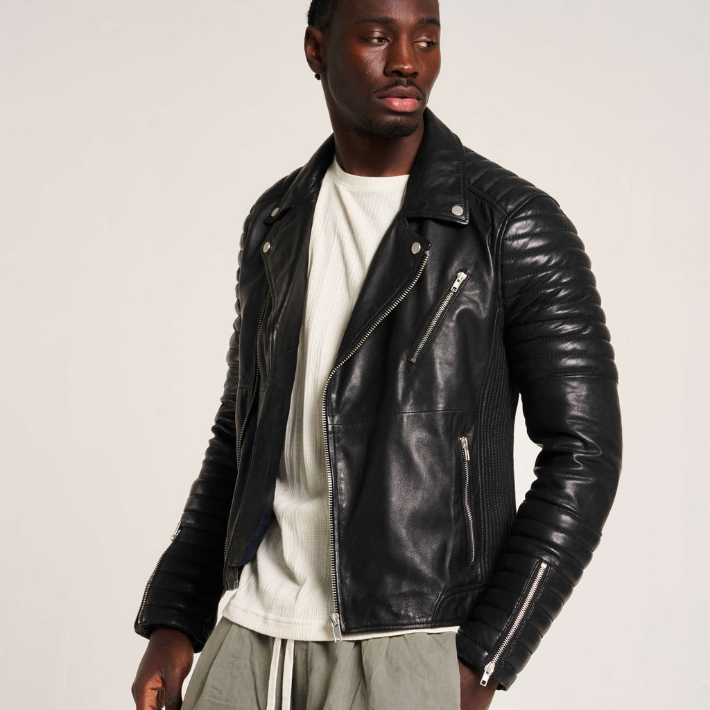 Men’s Black Quilted Ribbed Sleeves Leather Biker Jacket