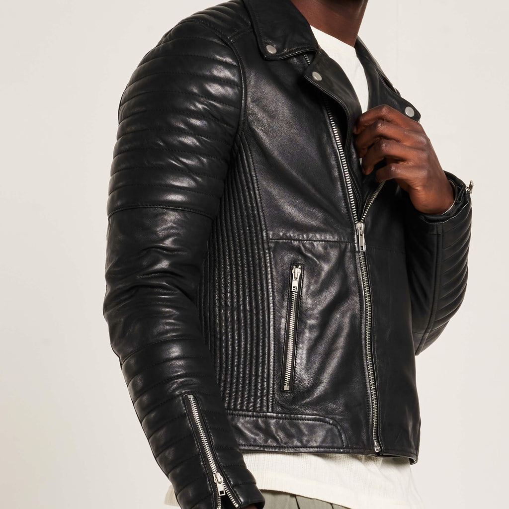 Men’s Black Quilted Ribbed Sleeves Leather Biker Jacket