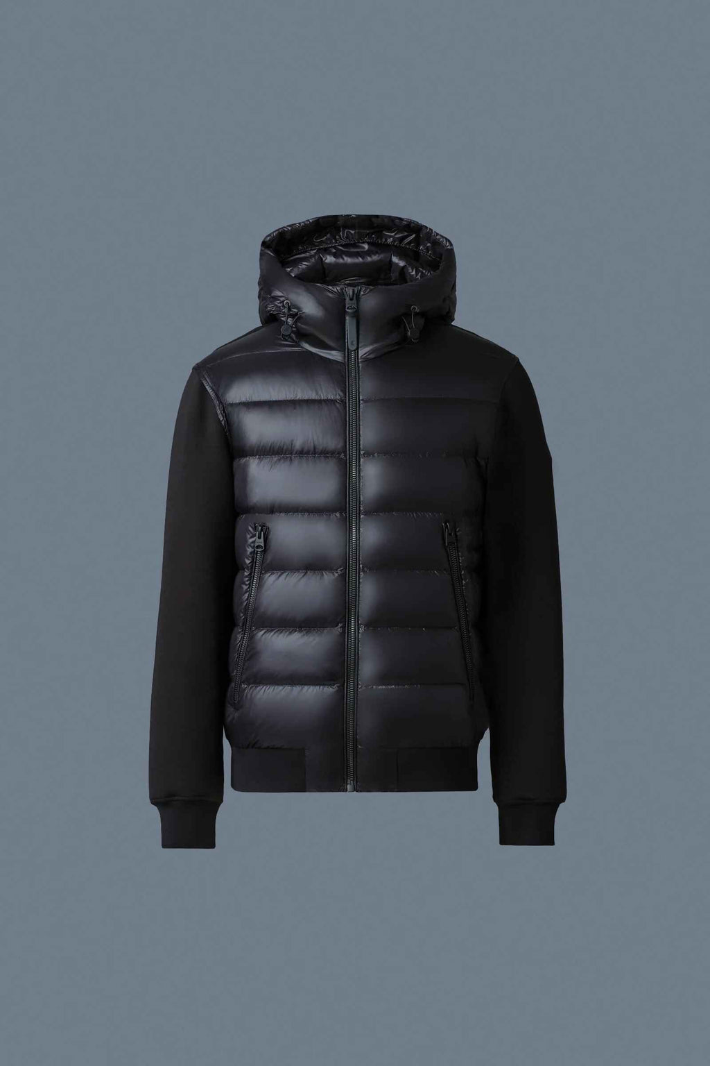 Men's Black Regular Fit Hooded Hybrid Puffer Jacket