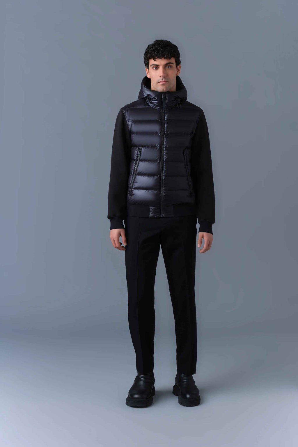 Men's Black Regular Fit Hooded Hybrid Puffer Jacket